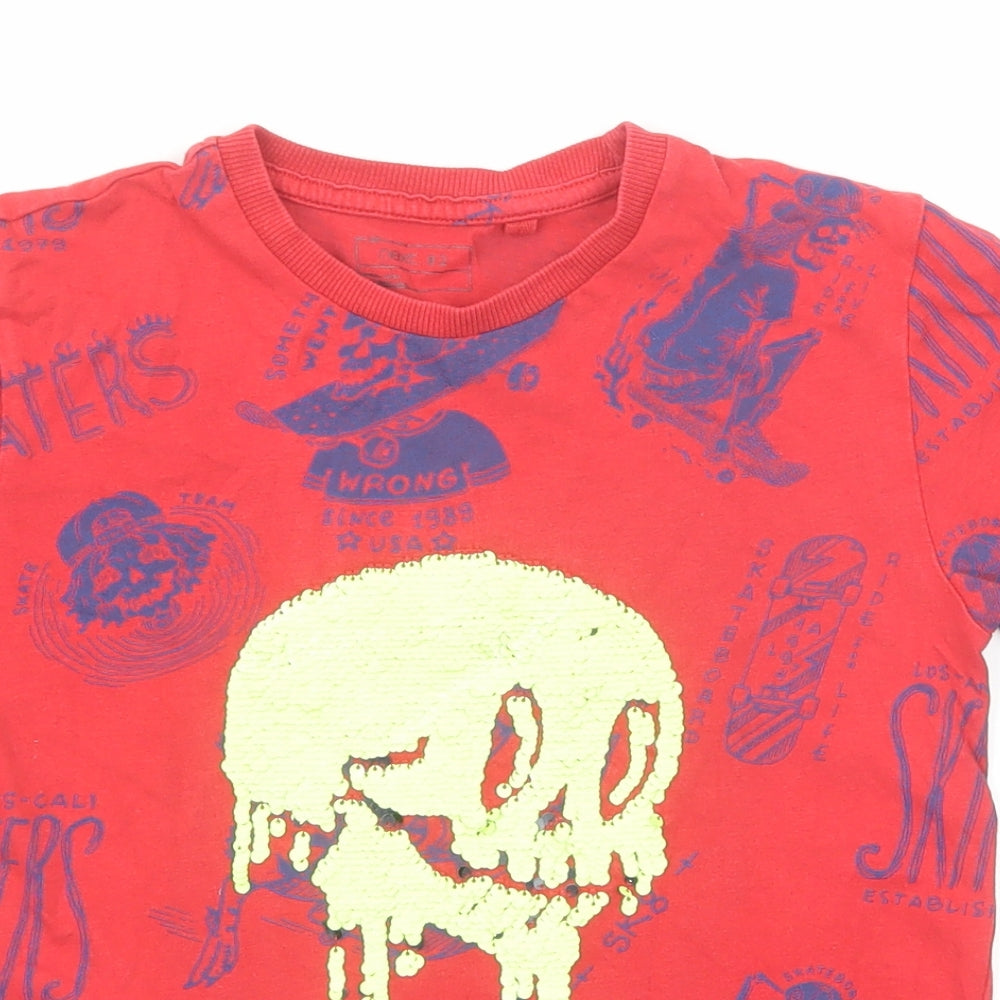NEXT Boys Red Geometric Cotton Basic T-Shirt Size 7 Years Round Neck Pullover - Skull Print