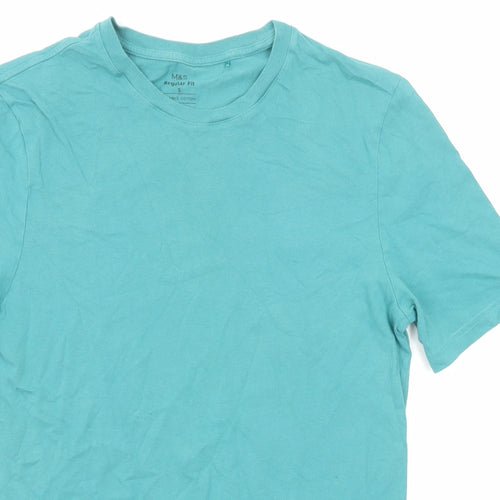 Marks and Spencer Mens Green Cotton T-Shirt Size S Round Neck