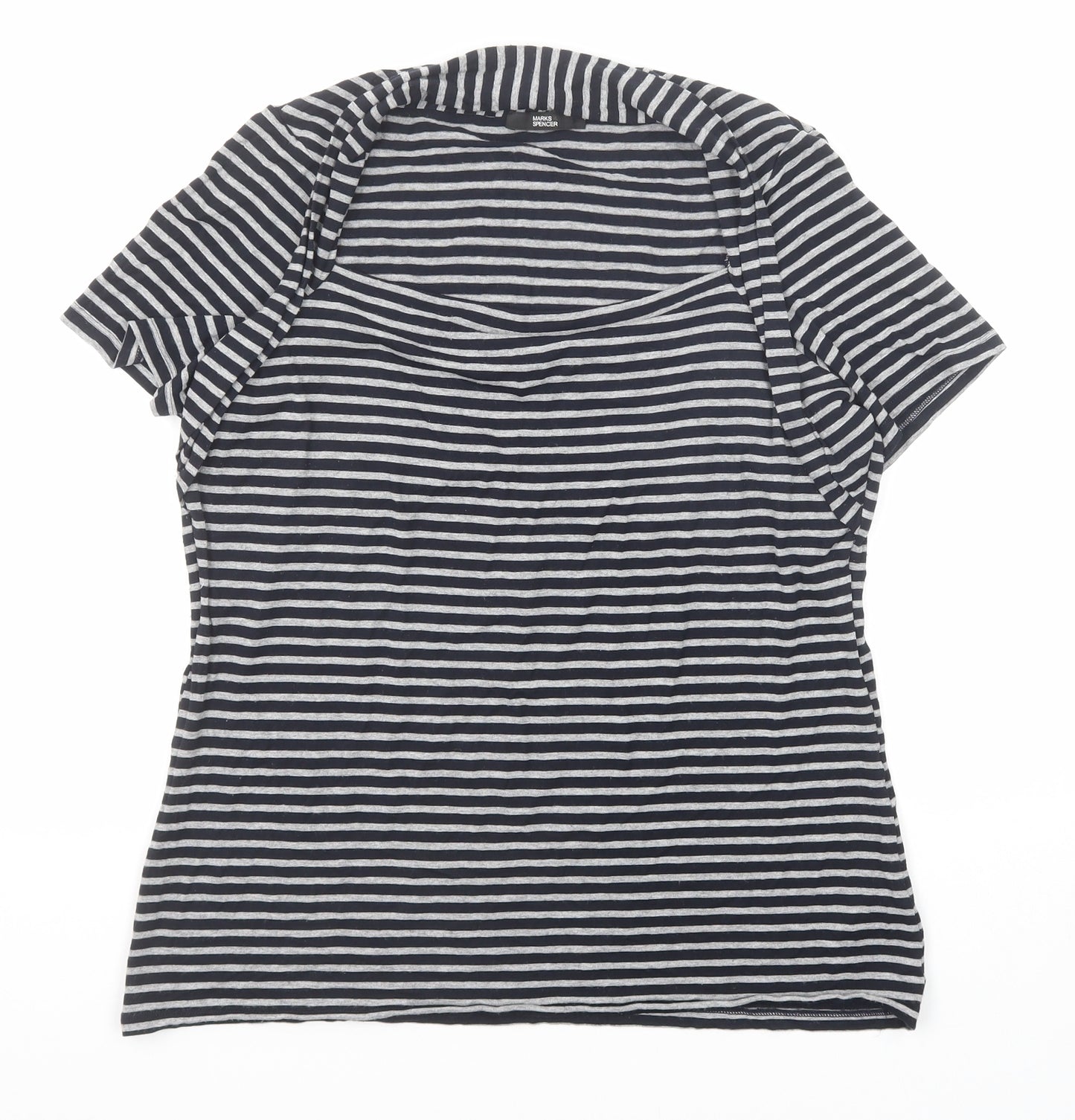 Marks and Spencer Womens Black Striped Polyester Basic T-Shirt Size 16 Square Neck