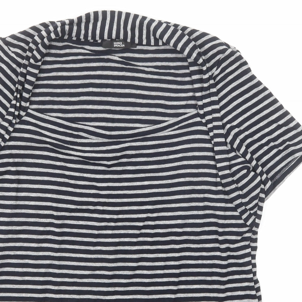 Marks and Spencer Womens Black Striped Polyester Basic T-Shirt Size 16 Square Neck