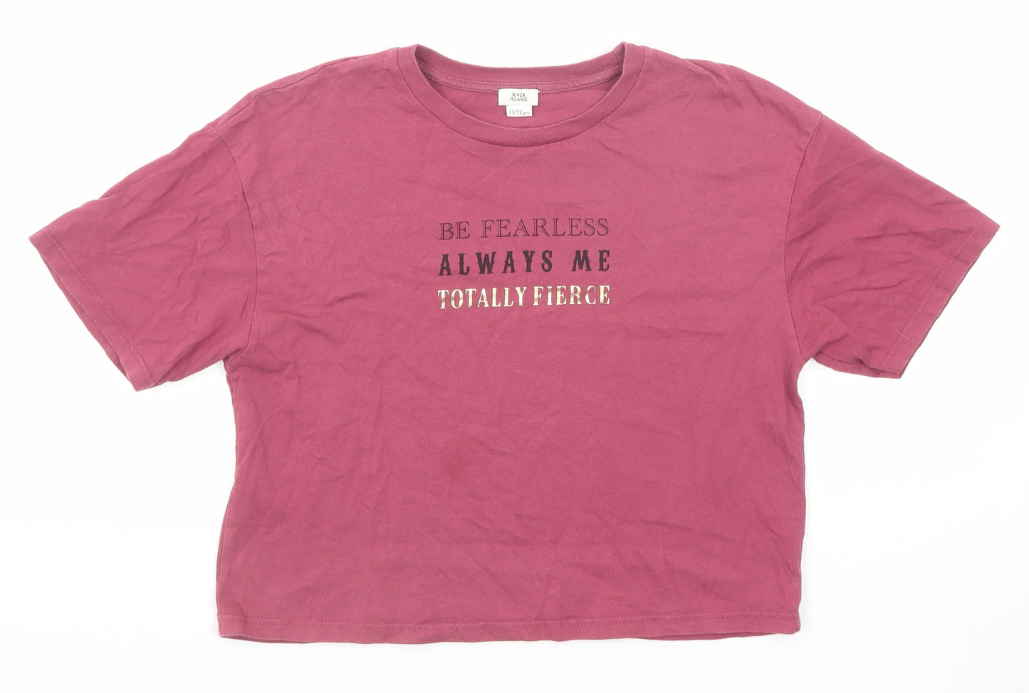 River Island Girls Purple Cotton Basic T-Shirt Size 11-12 Years Round Neck Pullover - Be Fearless Always Me Totally Fierce
