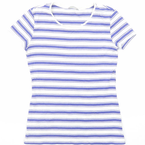 Marks and Spencer Womens Blue Striped Cotton Basic T-Shirt Size 12 Boat Neck