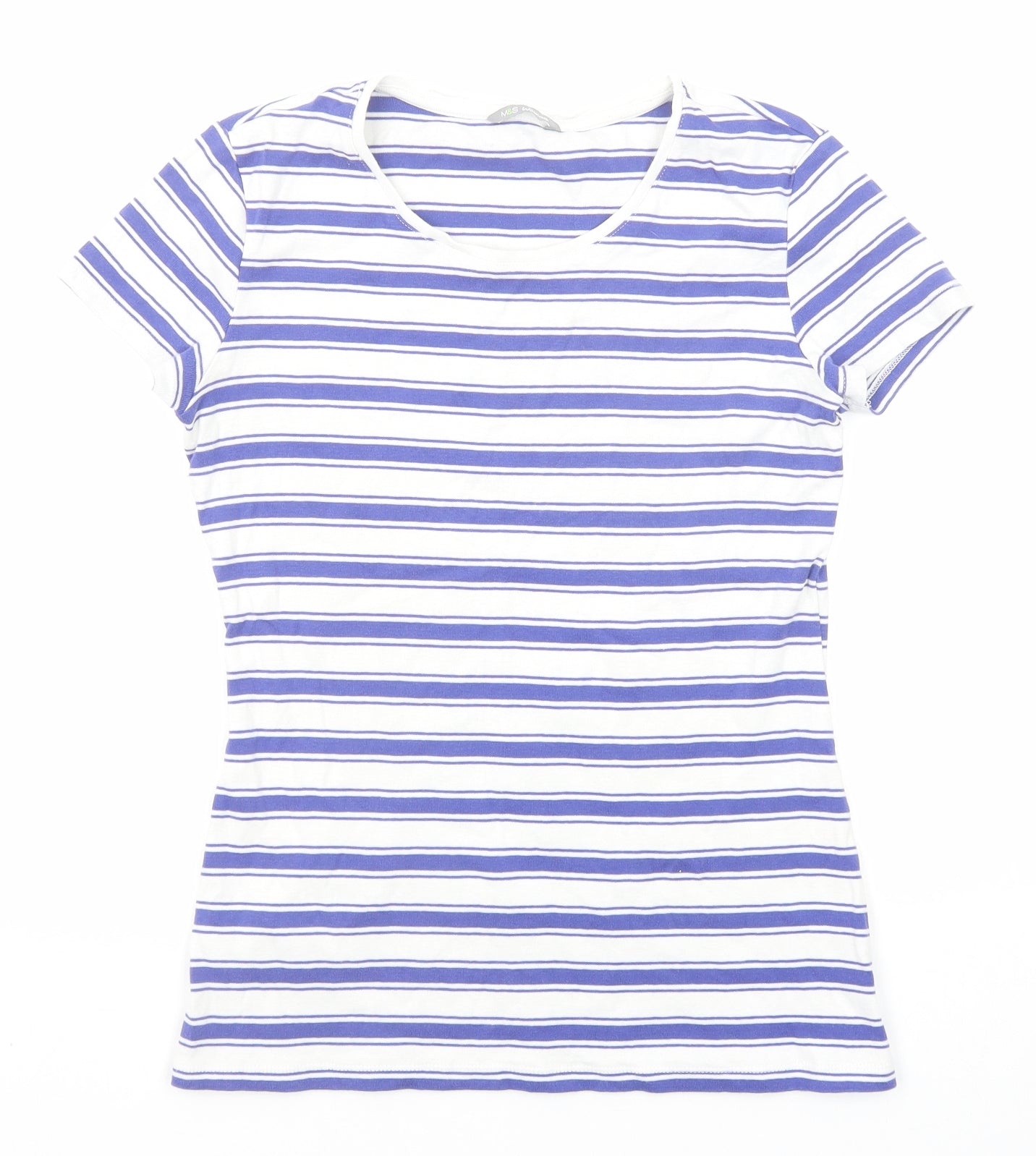 Marks and Spencer Womens Blue Striped Cotton Basic T-Shirt Size 12 Boat Neck