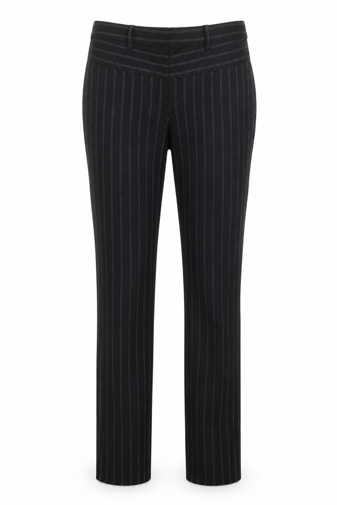 Front view of Gap women’s black striped cotton trousers, size UK 6, regular zip