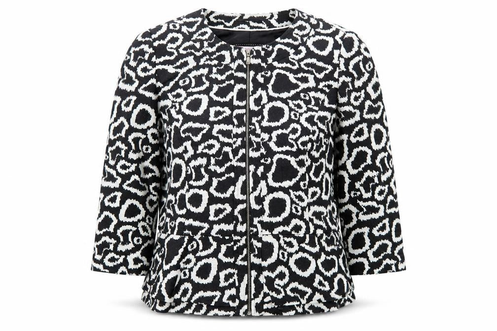 Front view of Per Una women’s black geometric jacket, size UK 18, zip