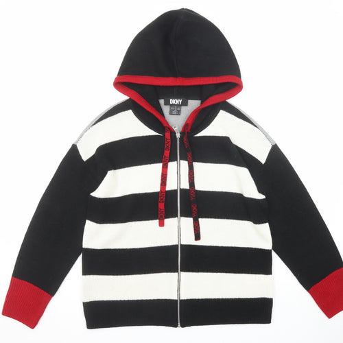 DKNY Womens Black Striped Acrylic Full Zip Hoodie Size L Zip