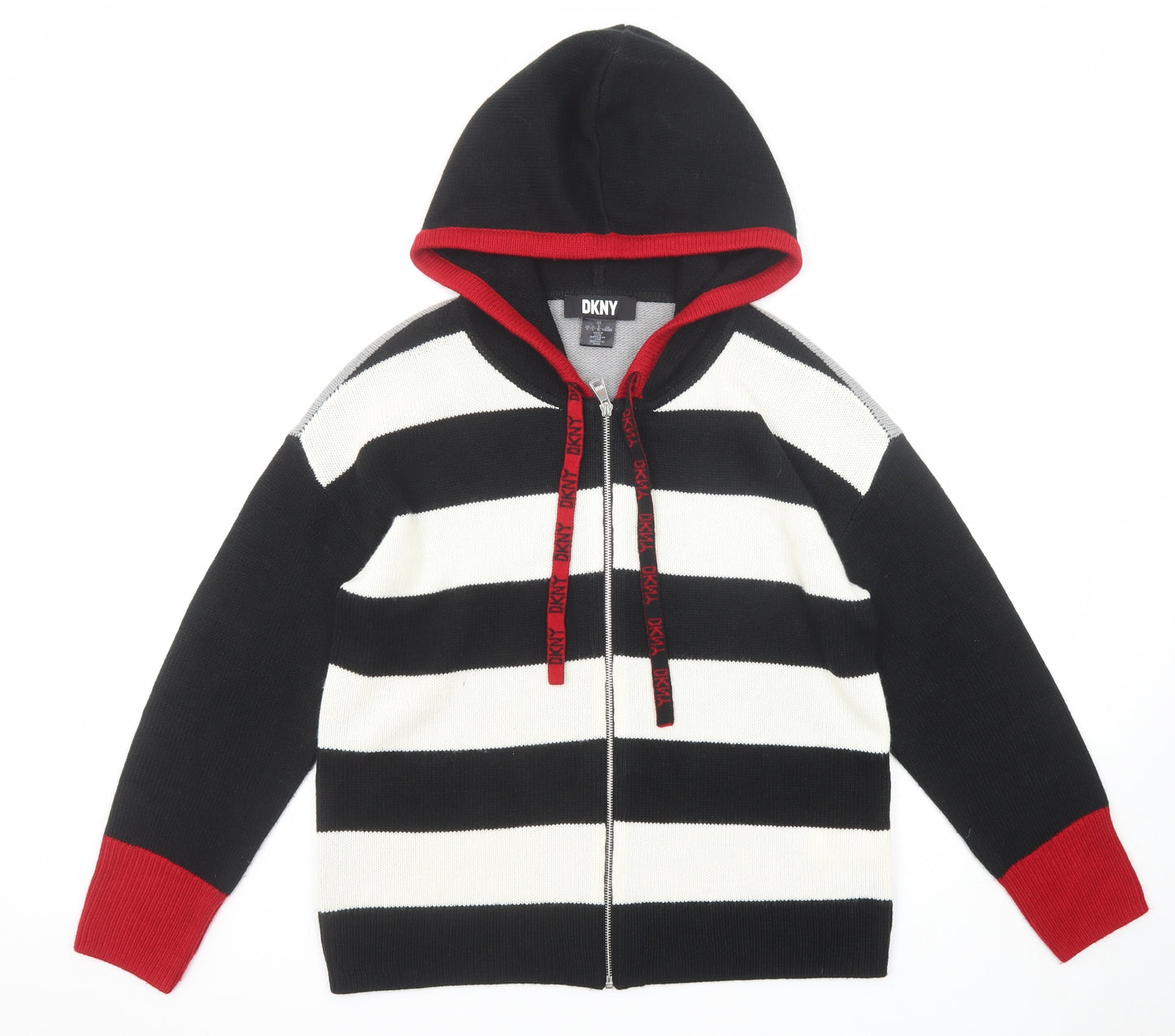 DKNY Womens Black Striped Acrylic Full Zip Hoodie Size L Zip