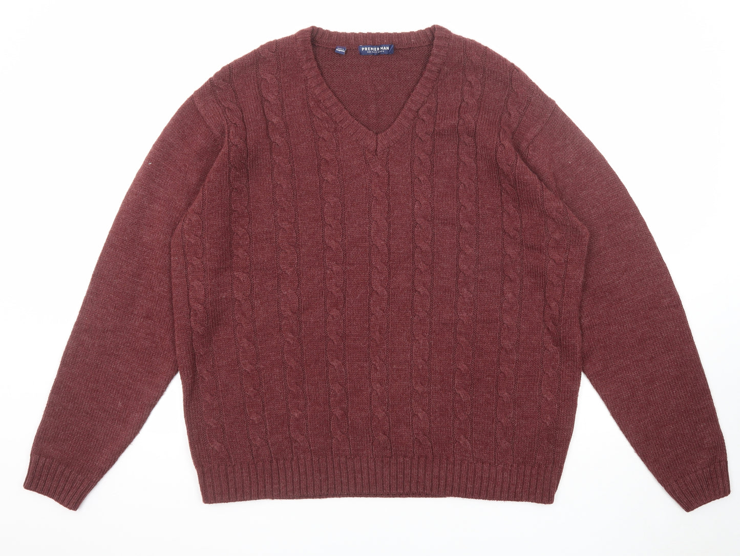 Premier Man Mens Red V-Neck Acrylic Pullover Jumper Size XL Long Sleeve