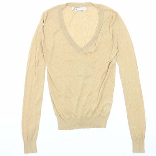 Zara Womens Beige V-Neck Modal Pullover Jumper Size S