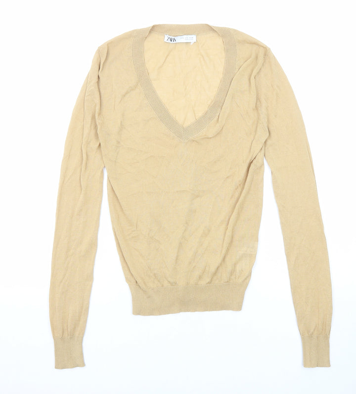 Zara Womens Beige V-Neck Modal Pullover Jumper Size S
