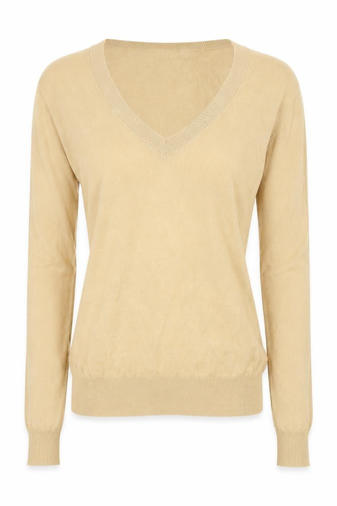 Front view of Zara women’s beige v-neck modal jumper, size S