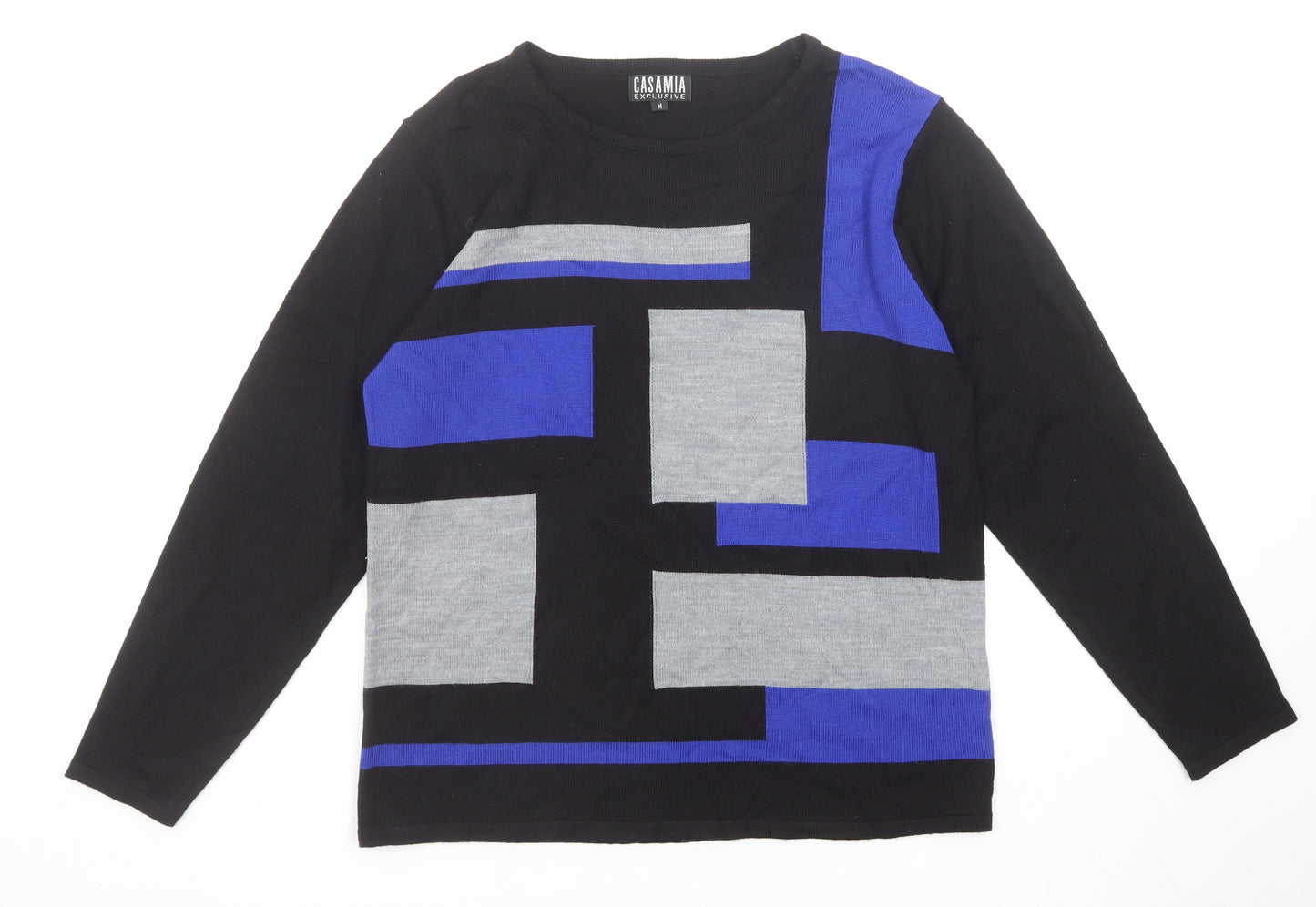 Casamia Womens Black Round Neck Geometric Acrylic Pullover Jumper Size M