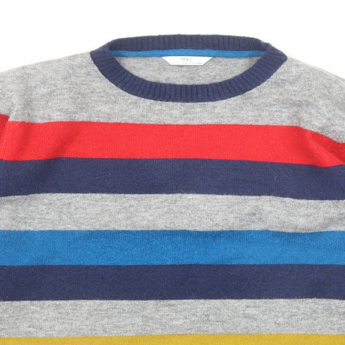 Marks and Spencer Boys Multicoloured Round Neck Striped Acrylic Pullover Jumper Size 12-13 Years Pullover
