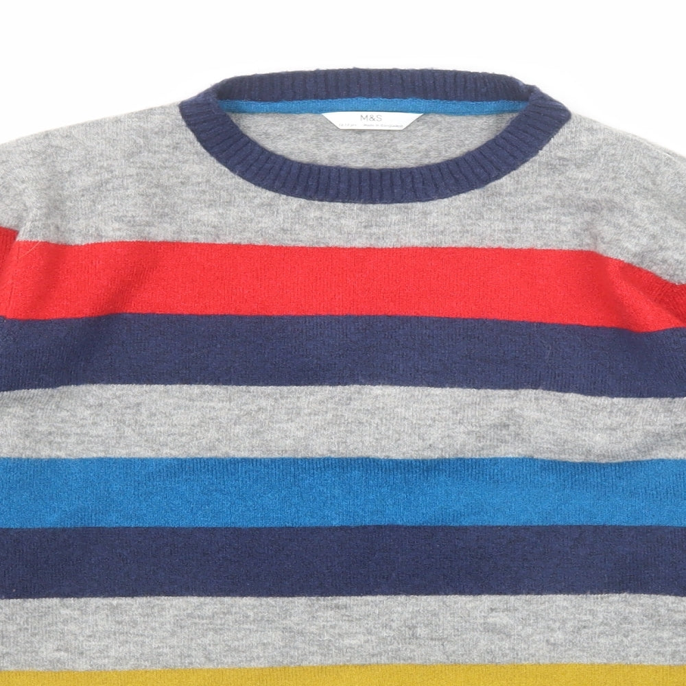 Marks and Spencer Boys Multicoloured Round Neck Striped Acrylic Pullover Jumper Size 12-13 Years Pullover
