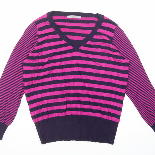 Marks and Spencer Womens Pink V-Neck Striped Viscose Pullover Jumper Size 16