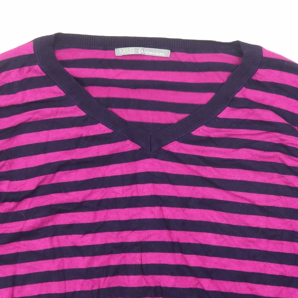 Marks and Spencer Womens Pink V-Neck Striped Viscose Pullover Jumper Size 16