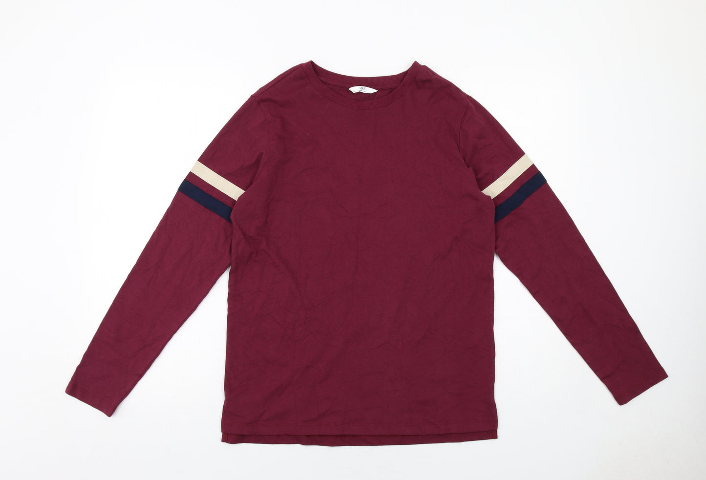 Marks and Spencer Boys Red Cotton Basic T-Shirt Size 13-14 Years Round Neck Pullover