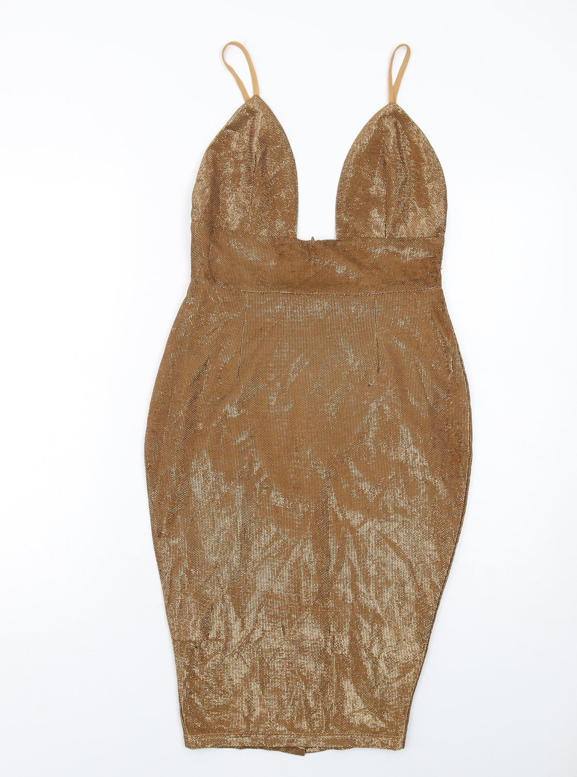 Boohoo Womens Gold Polyester Bodycon Size 8 V-Neck Zip
