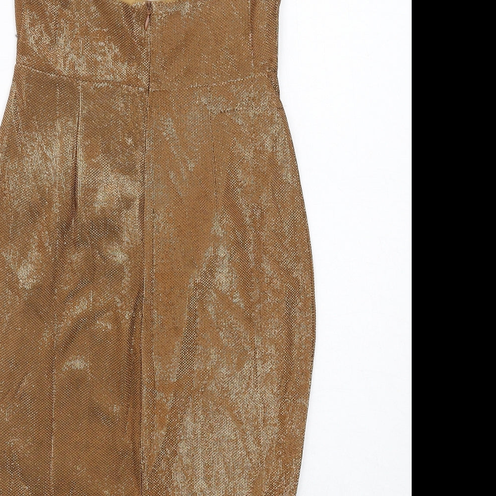 Boohoo Womens Gold Polyester Bodycon Size 8 V-Neck Zip