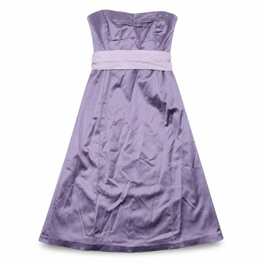Front view of Coast women’s purple colourblock acetate ball gown, size UK 8, off the shoulder zip