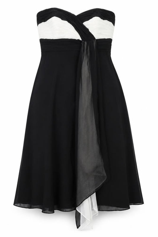 Front view of Debut women’s black colourblock polyester ball gown, size UK 12, sweetheart zip