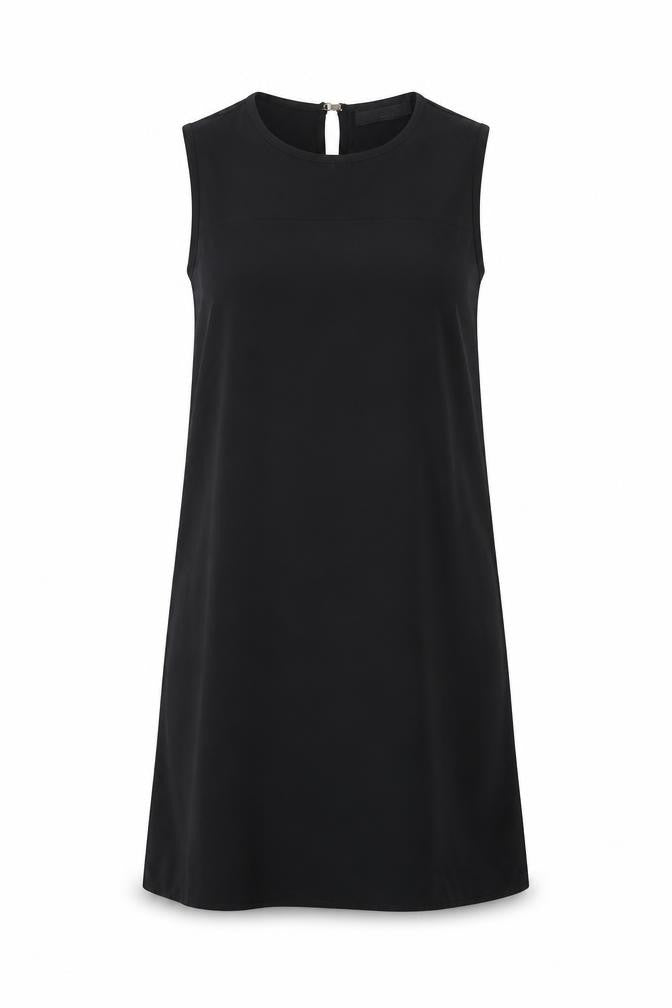 Front view of Dorothy Perkins women’s black polyester shift, size UK 8, round neck hook & eye