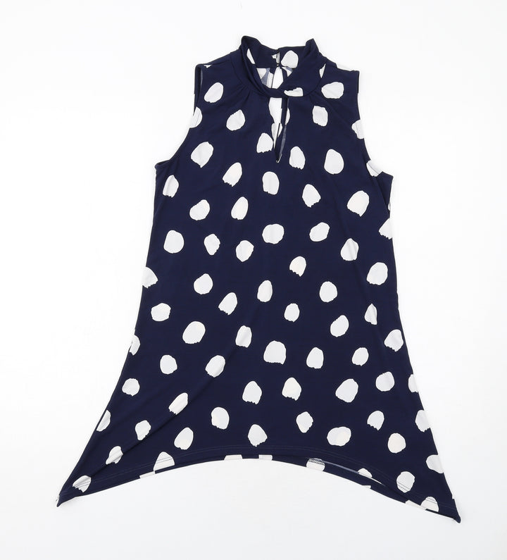 Roman Womens Blue Geometric Polyester Basic Tank Size 10 Mock Neck