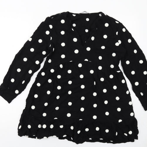 Zara Womens Black Polka Dot Viscose Skater Dress Size M V-Neck Pullover