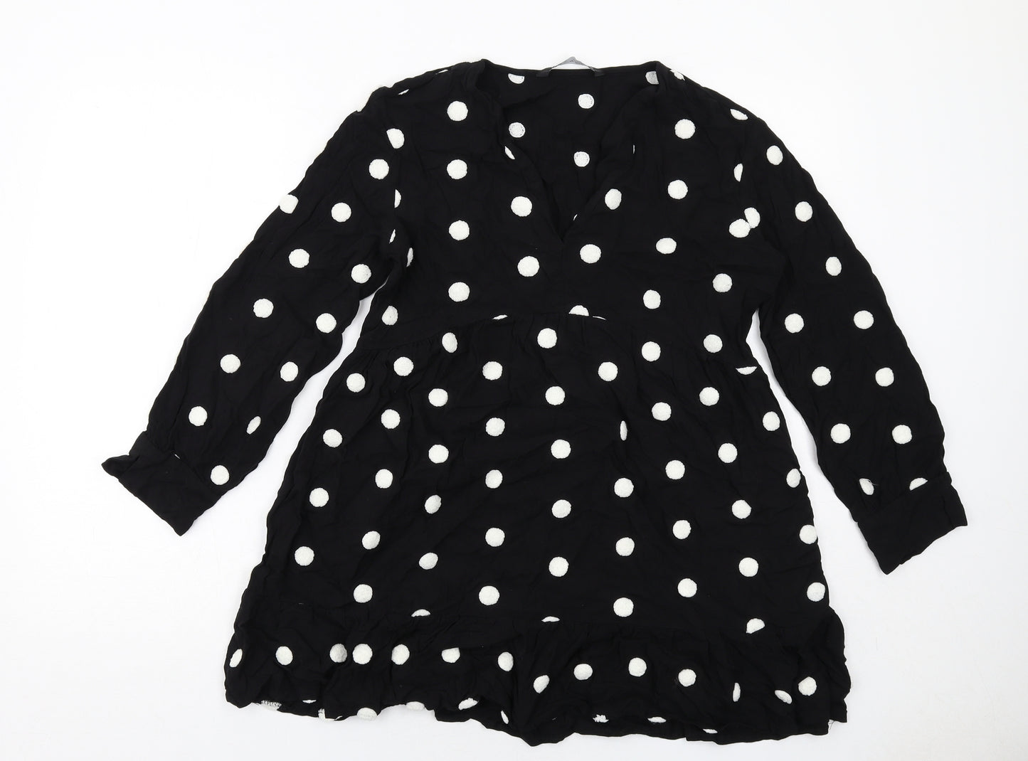 Zara Womens Black Polka Dot Viscose Skater Dress Size M V-Neck Pullover