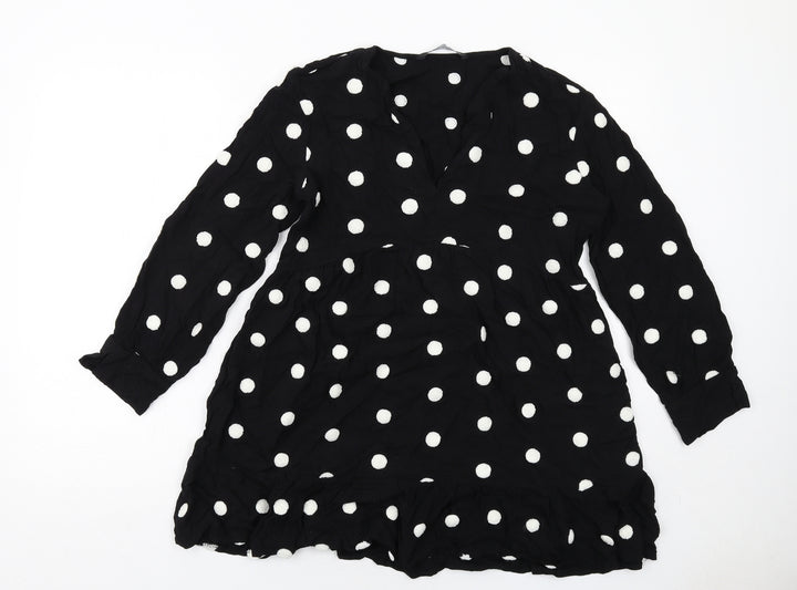 Zara Womens Black Polka Dot Viscose Skater Dress Size M V-Neck Pullover