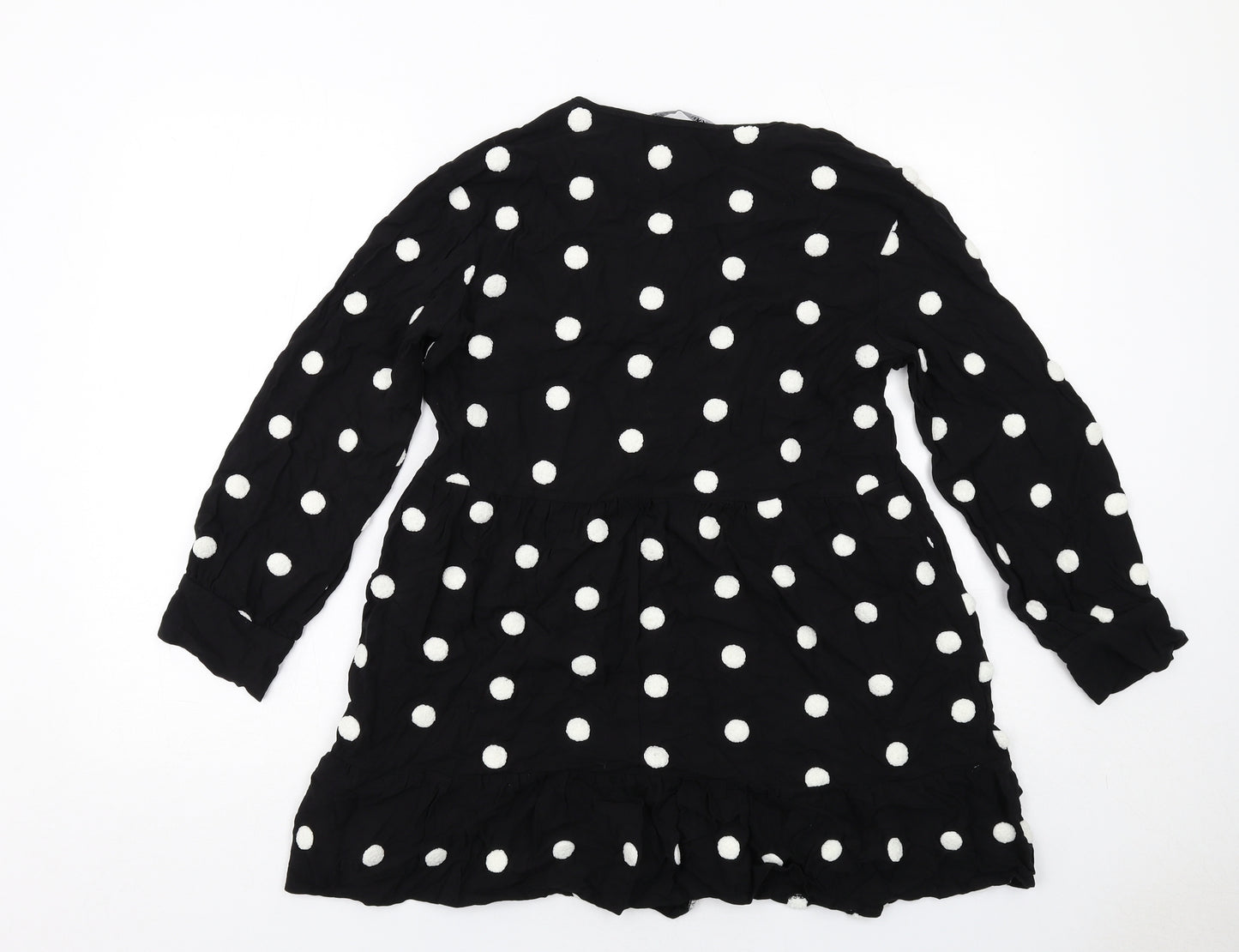 Zara Womens Black Polka Dot Viscose Skater Dress Size M V-Neck Pullover