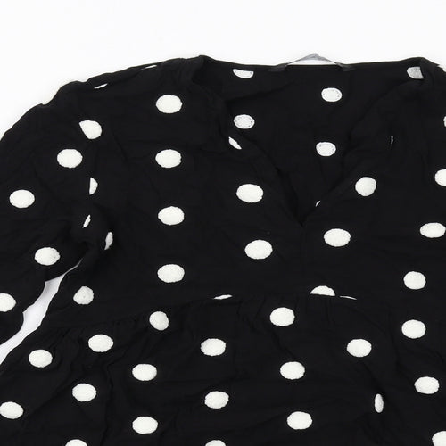 Zara Womens Black Polka Dot Viscose Skater Dress Size M V-Neck Pullover