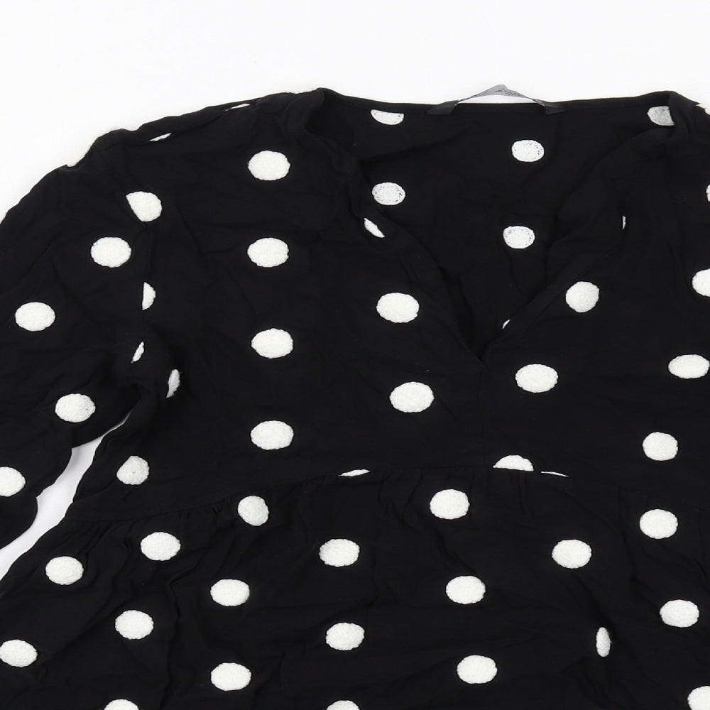 Zara Womens Black Polka Dot Viscose Skater Dress Size M V-Neck Pullover
