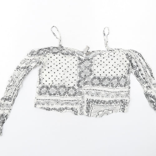 H&M Womens White Geometric Viscose Cropped Blouse Size 8 Square Neck - Cold Shoulder
