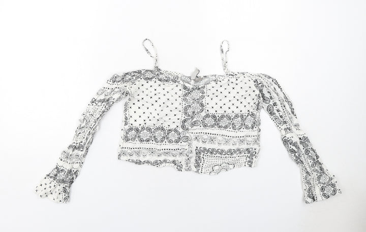 H&M Womens White Geometric Viscose Cropped Blouse Size 8 Square Neck - Cold Shoulder
