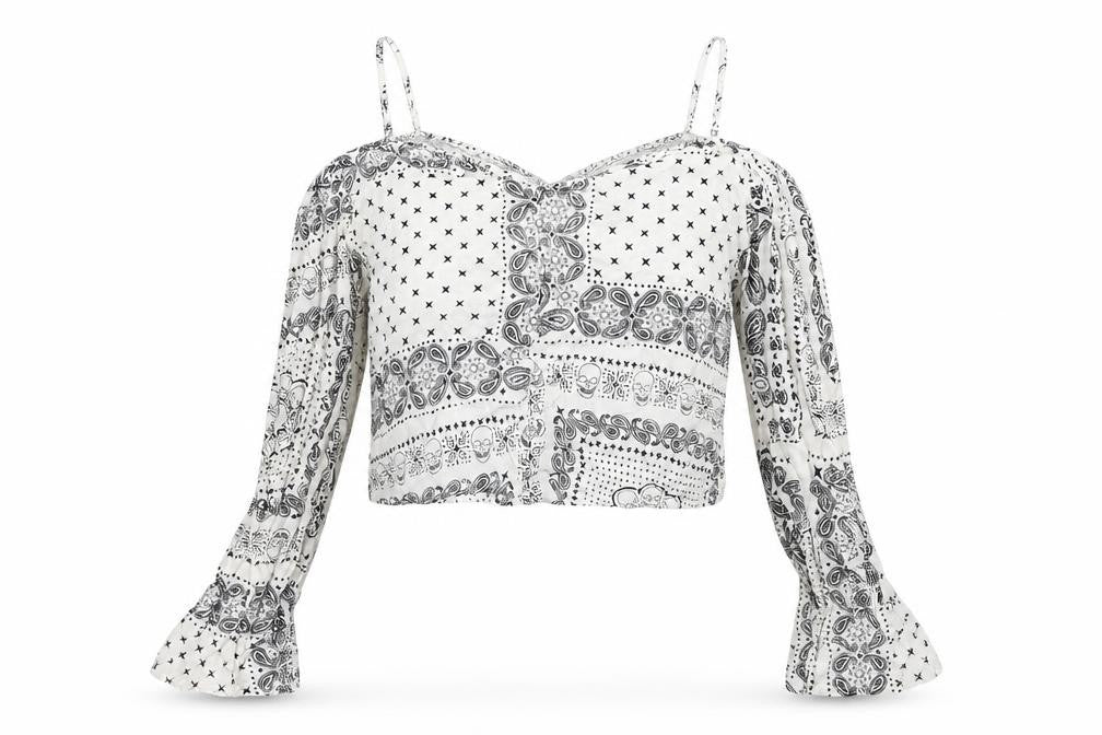 Front view of H&M women’s white geometric viscose cropped blouse, size UK 8, square neck - cold shoulder