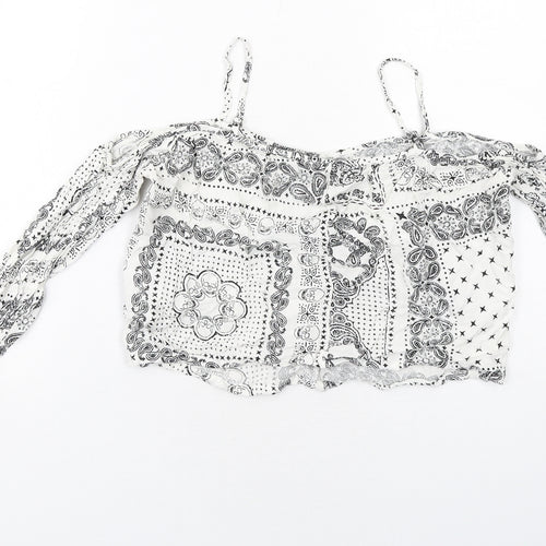 H&M Womens White Geometric Viscose Cropped Blouse Size 8 Square Neck - Cold Shoulder
