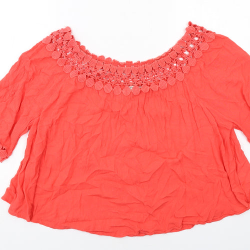 River Island Womens Red Viscose Basic Blouse Size 12 Boat Neck - Crochet Trim