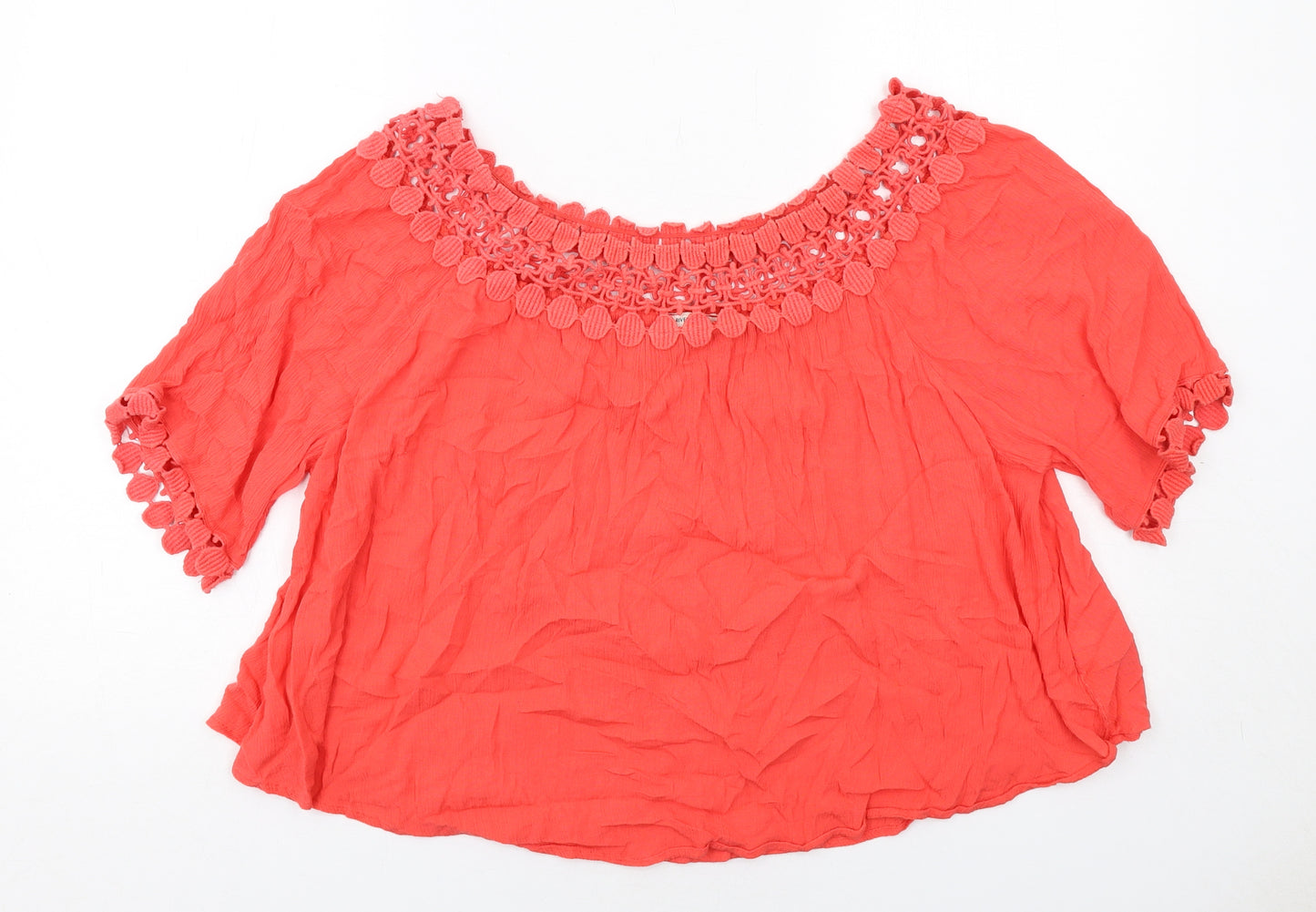 River Island Womens Red Viscose Basic Blouse Size 12 Boat Neck - Crochet Trim