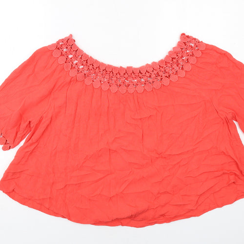 River Island Womens Red Viscose Basic Blouse Size 12 Boat Neck - Crochet Trim