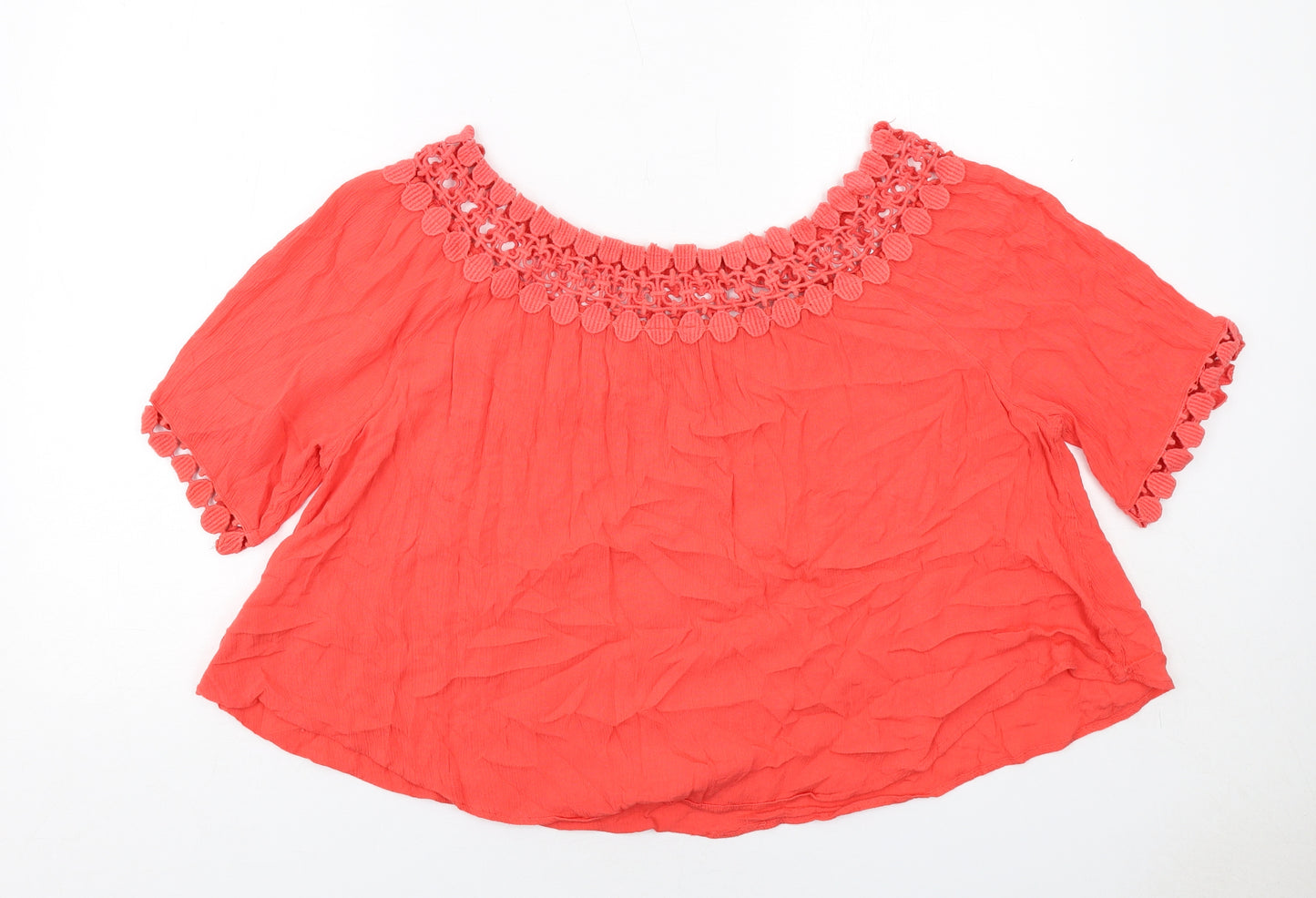 River Island Womens Red Viscose Basic Blouse Size 12 Boat Neck - Crochet Trim