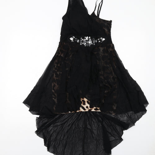 Progress Womens Black Animal Print Polyester Trapeze & Swing Size M V-Neck Pullover - Leopard Pattern Sheer Overlay