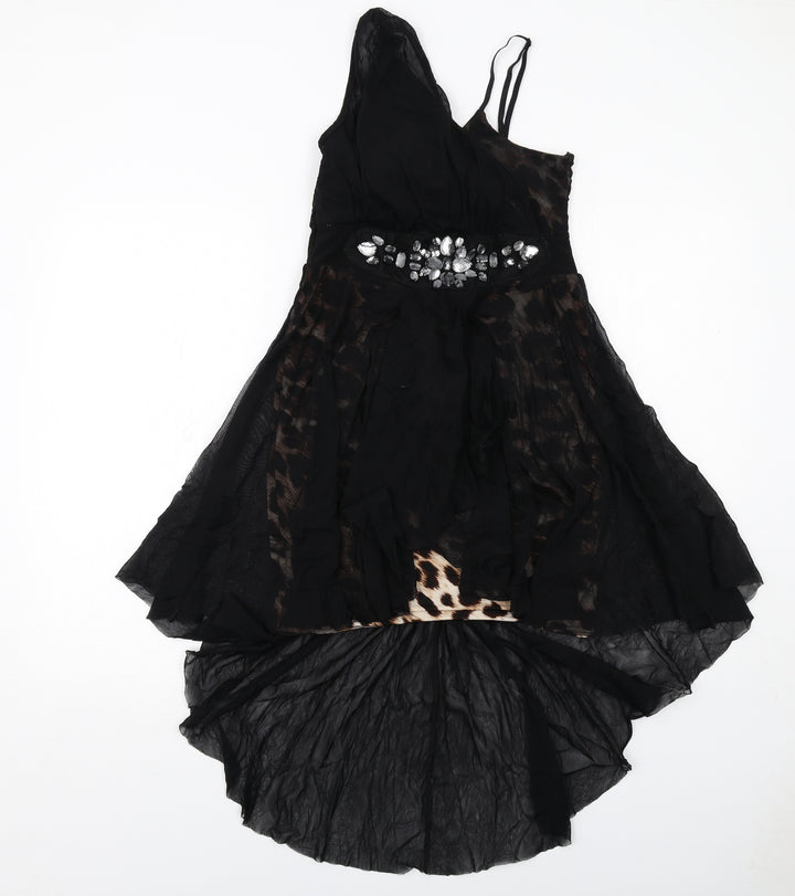 Progress Womens Black Animal Print Polyester Trapeze & Swing Size M V-Neck Pullover - Leopard Pattern Sheer Overlay