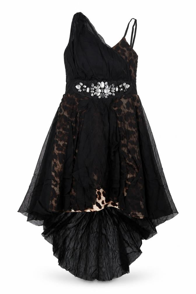 Front view of Progress women’s black animal print polyester trapeze & swing, v-neck pullover - leopard pattern sheer overlay