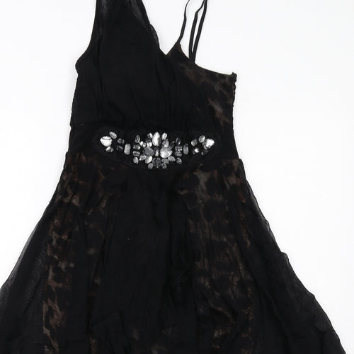 Progress Womens Black Animal Print Polyester Trapeze & Swing Size M V-Neck Pullover - Leopard Pattern Sheer Overlay