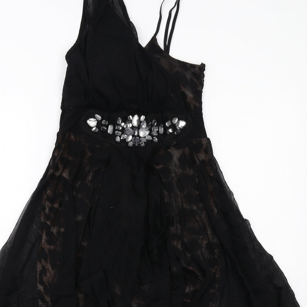 Progress Womens Black Animal Print Polyester Trapeze & Swing Size M V-Neck Pullover - Leopard Pattern Sheer Overlay