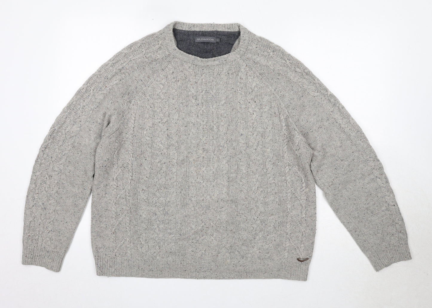 RJR.John Rocha Mens Grey Round Neck Wool Pullover Jumper Size L Long Sleeve
