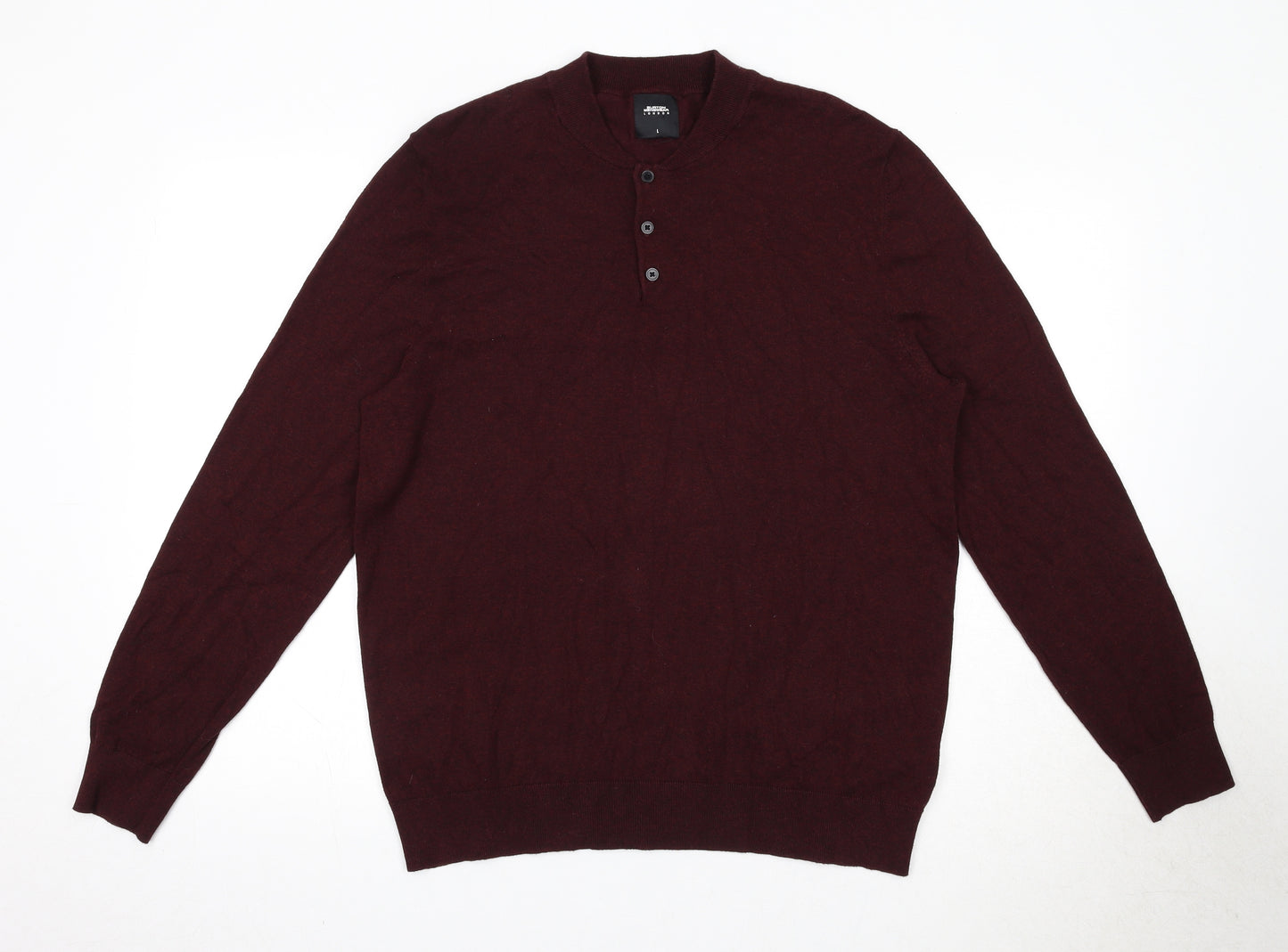 Burton Mens Red Round Neck Cotton Henley Jumper Size L Long Sleeve