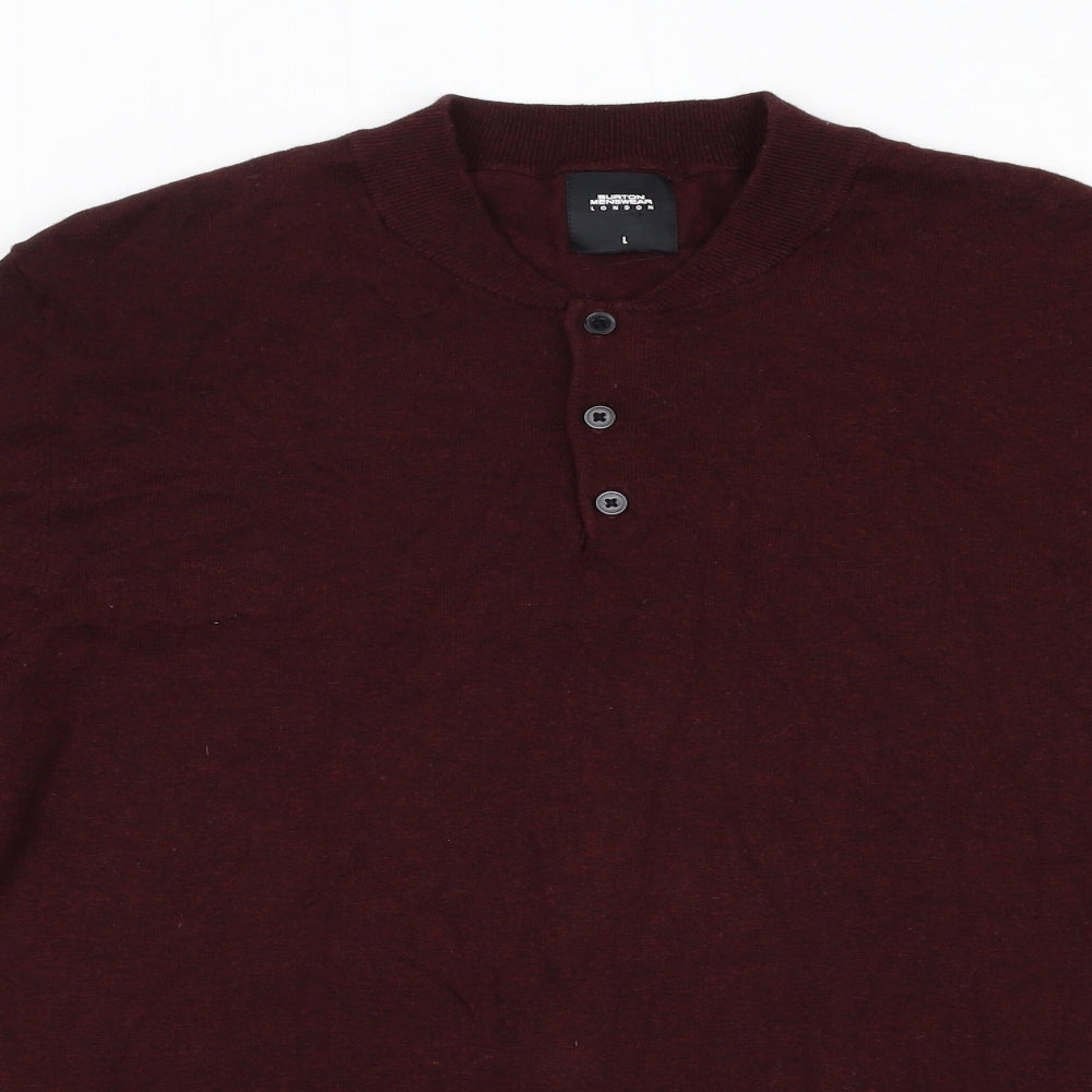 Burton Mens Red Round Neck Cotton Henley Jumper Size L Long Sleeve