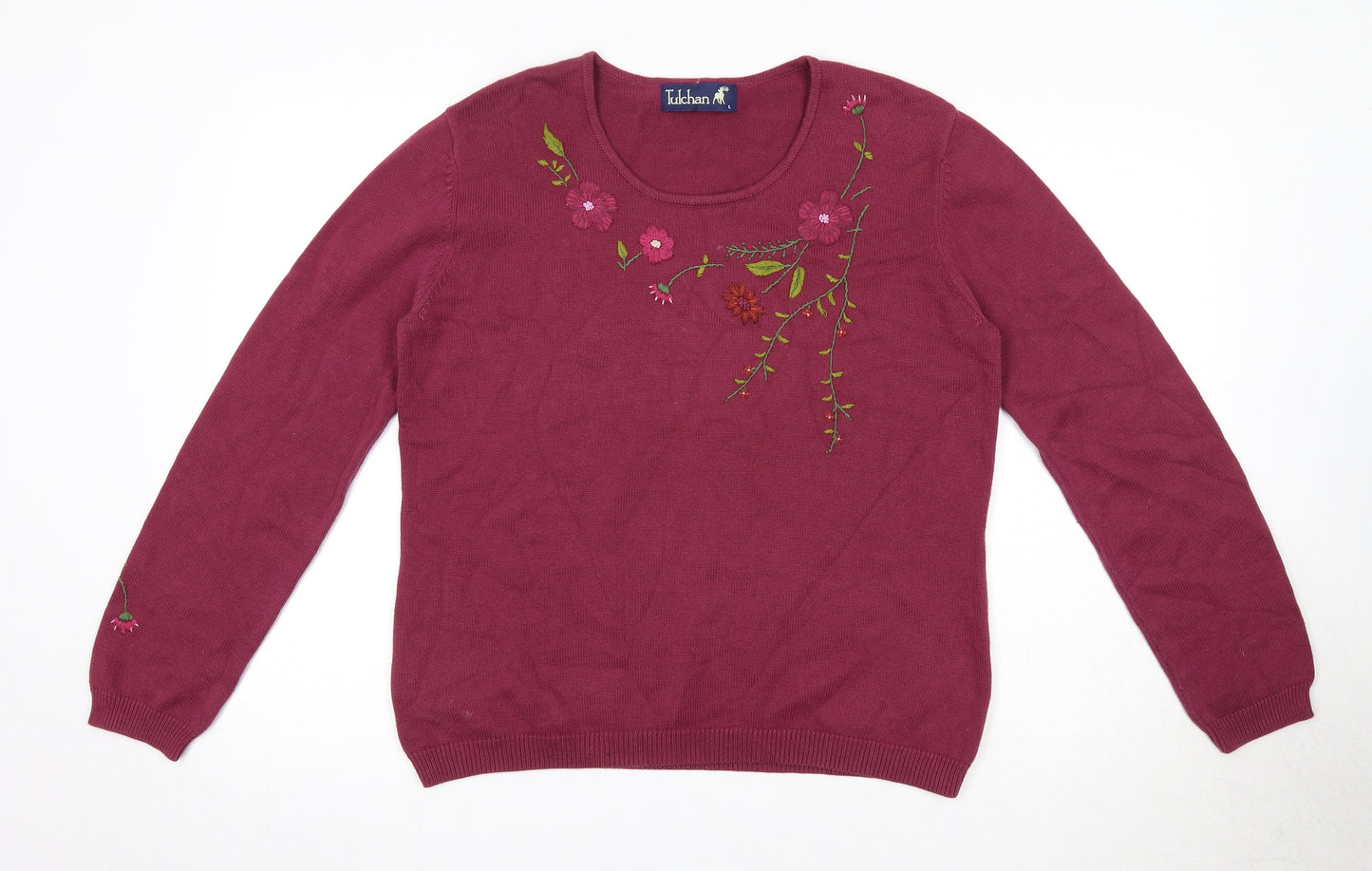 Tulchan Womens Red Round Neck Floral 100% Cotton Pullover Jumper Size L